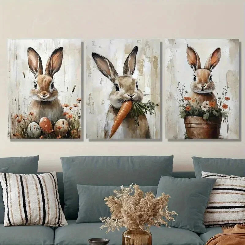 3pcs Charming Rabbit Carrot & Floral Designs Metal Print Ready to Hang Art