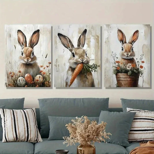 3pcs Charming Rabbit Carrot & Floral Designs Metal Print Ready to Hang Art