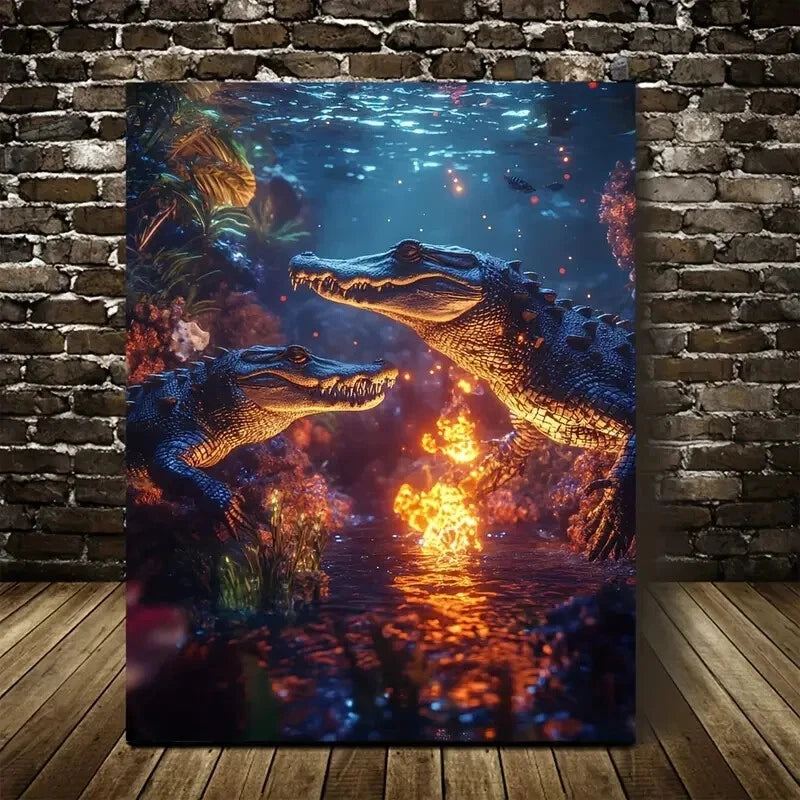 Dreamlike Underwater Crocodile Scene With Glowing 40x60cm Metal Print Ready to Hang
