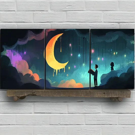 3pcs People Read Under The Moon Metal Print Ready to Hang Art