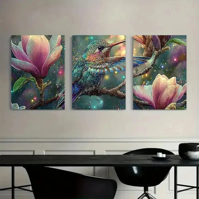 3pcs Vibrant Hummingbird & Magical Effects Metal Print Ready to Hang Art