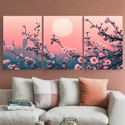 3pcs Japanese Tokyo Floral Illustration Wall Art Set Canvas Framed 50x70cm - High Quality Print 100% Australian Made Wall Canvas Ready to Hang