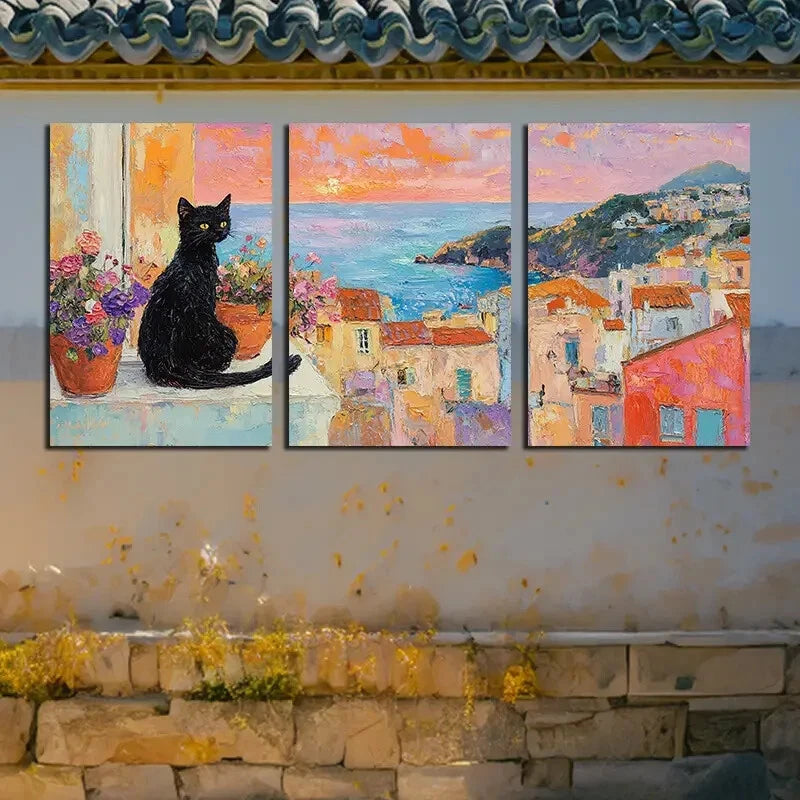 3pcs Vibrant Cat by Scenic View, Modern design Metal Print Ready to Hang Art