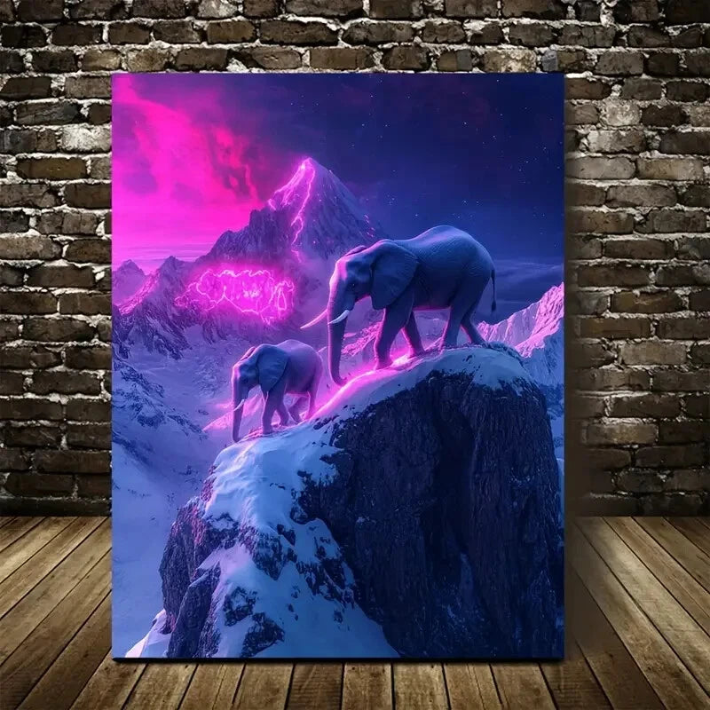 Realistic Neon Glow Elephants on Snowy Painting 40x60cm Metal Print Ready to Hang