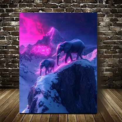 Realistic Neon Glow Elephants on Snowy Painting 40x60cm Metal Print Ready to Hang