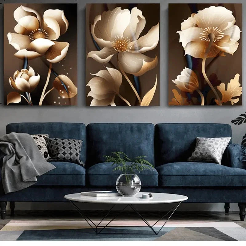 3pcs Elegant Floral Beige & Golden Print Ready to Hang Art