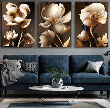 3pcs Elegant Floral Beige & Golden Print Ready to Hang Art