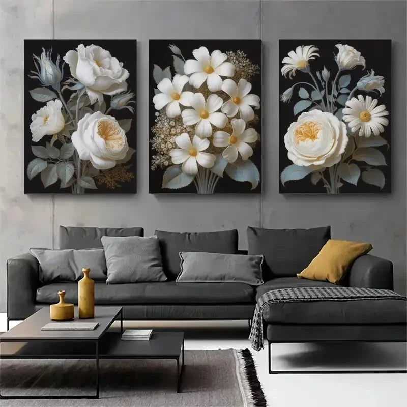 3pcs White Flowers Golden Leaves Painting Metal Print Ready to Hang Art