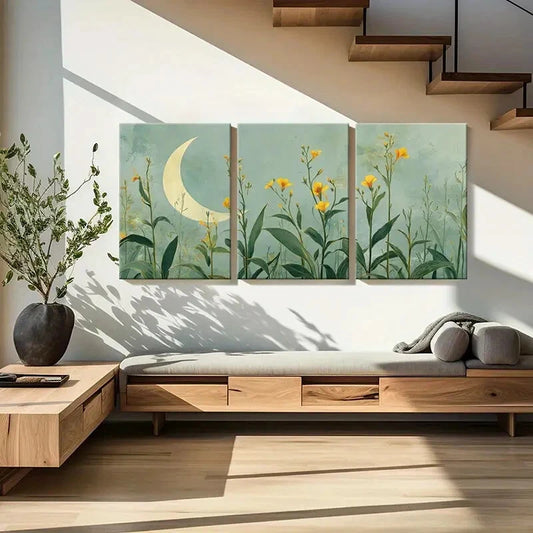 3pcs Moonlit Floral Garden Yellow Flowers Metal Print Ready to Hang Art