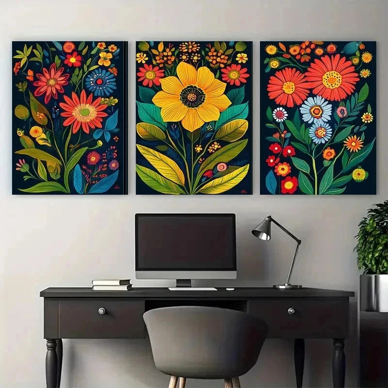 3pcs Vintage Venezuela Floral Folk Perfect Wall Art Set Canvas Framed 60x90cm - High Quality Print 100% Australian Made Wall Canvas Ready to Hang
