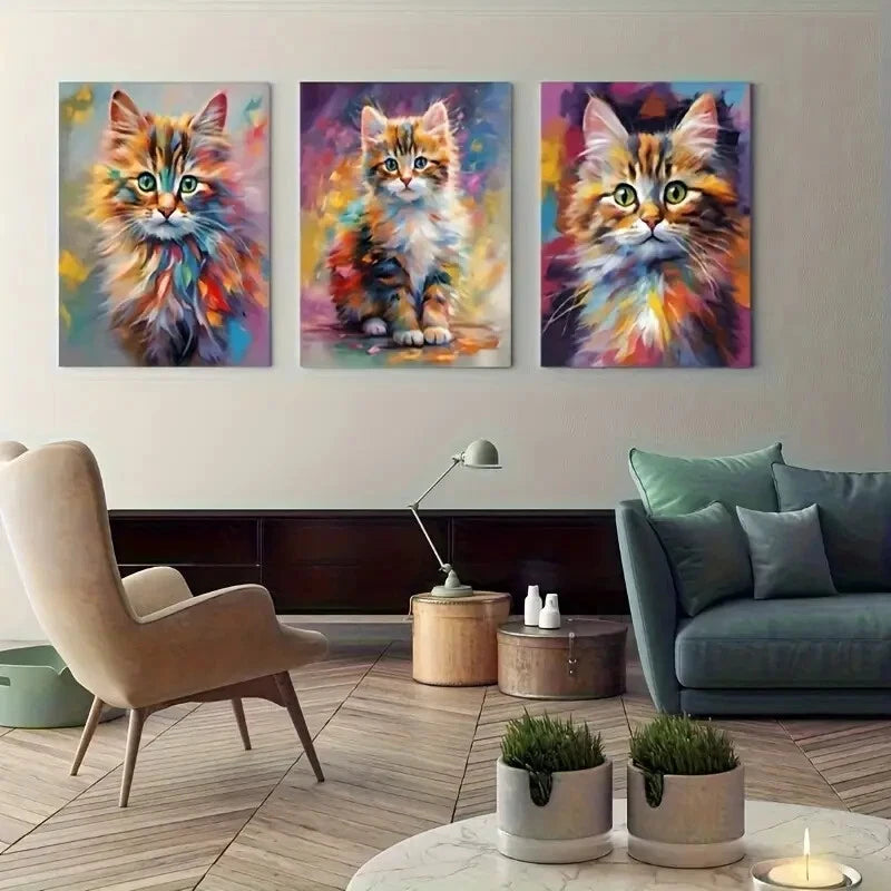3pcs Colorful Oil Painting Kittens in Playful Pose Metal Print Ready to Hang Art