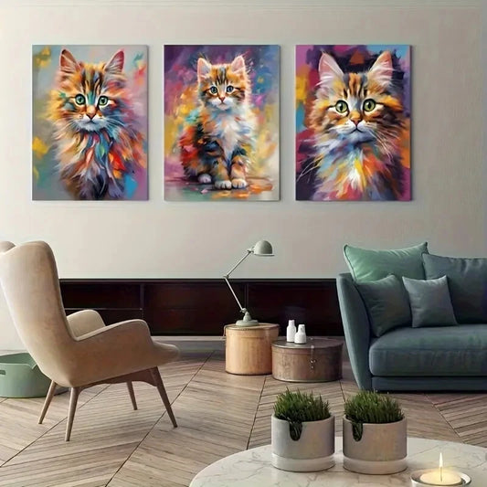 3pcs Colorful Oil Painting Kittens in Playful Pose Metal Print Ready to Hang Art