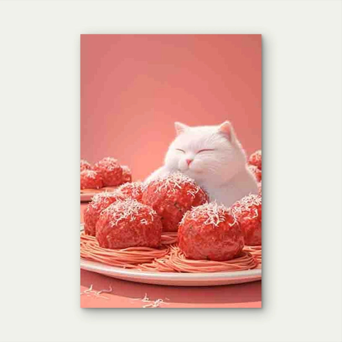 Cozy Cat Among Meatballs Metal Print Ready to Hang