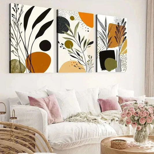 3pcs Boho Style Abstract Botanical Earth Tones Wall Art Set Canvas Framed 40x60cm - High Quality Print 100% Australian Made Wall Canvas Ready to Hang