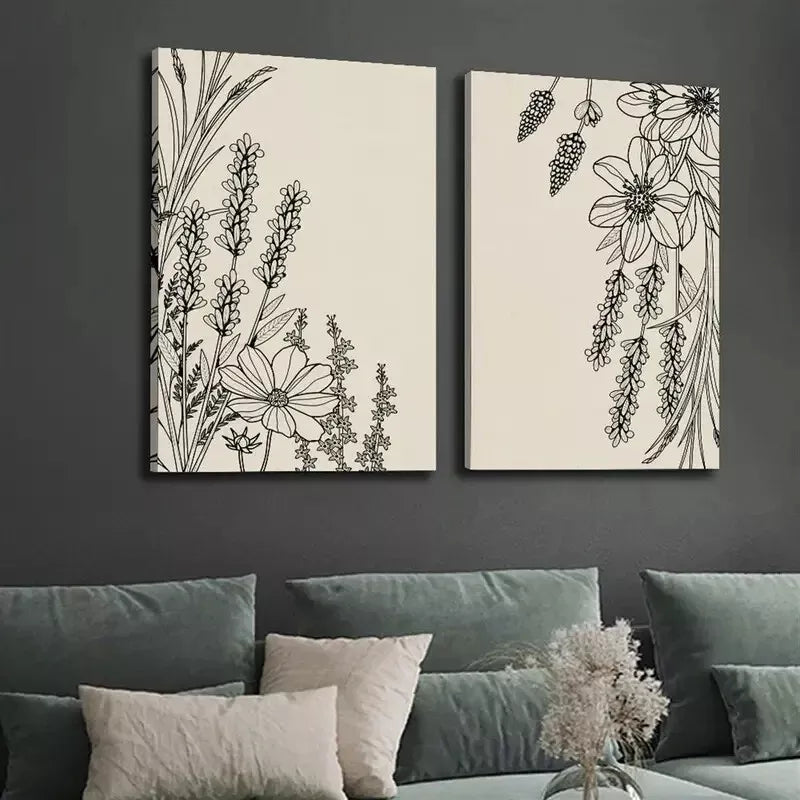 2pcs lack Abstract Line Plant & Flower, Minimalist Art Canvas Framed 50x75cm - High Quality Print 100% Australian Made Wall Canvas Ready to Hang