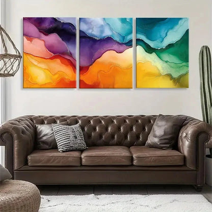 3pcs Vibrant Abstract Fluid Orange Blue & Green Metal Print Ready to Hang Art