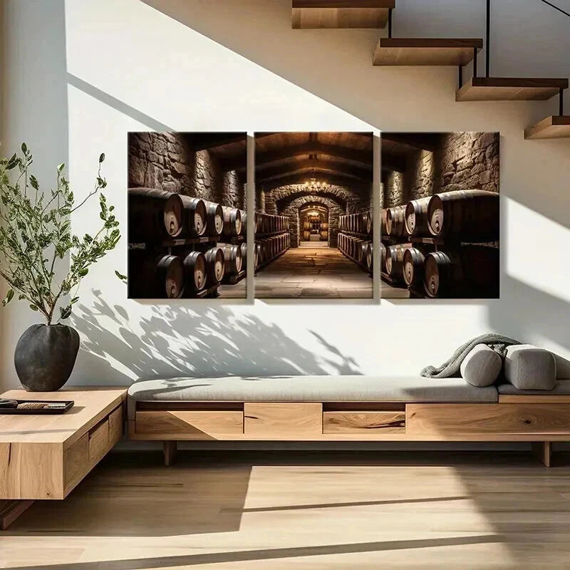 3pcs Wine Barrels Stone Walls Decoration Wall Art Set Canvas Framed 40x60cm - High Quality Print 100% Australian Made Wall Canvas Ready to Hang