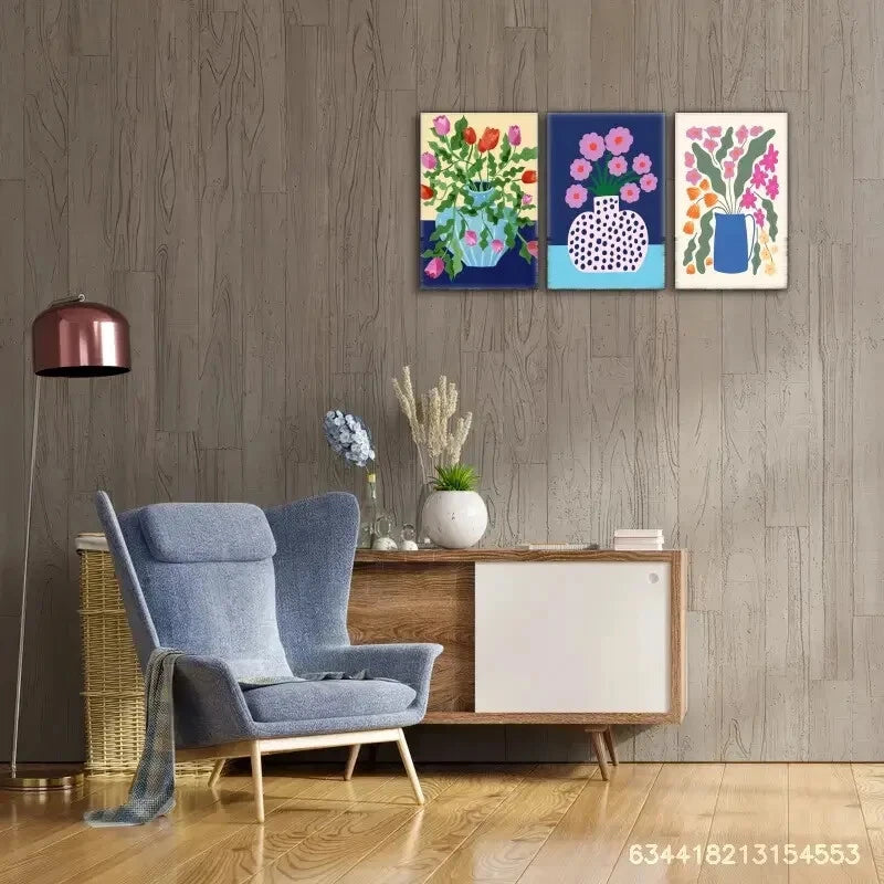 3pcs Vibrant Flower Vase with Pink Red Blooms Metal Print Ready to Hang Art