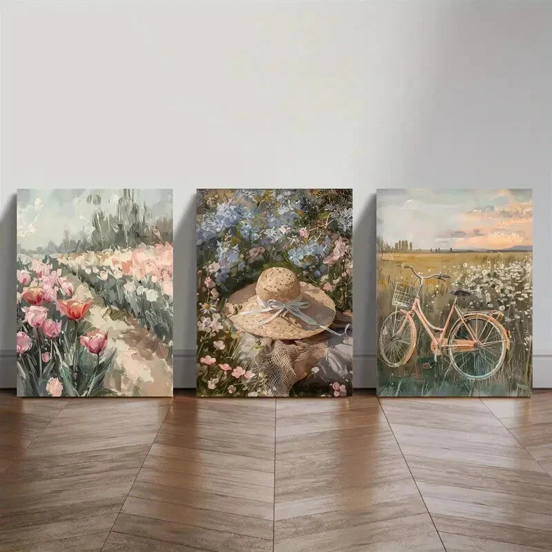 3pcs Vintage Pink Bicycle And A Floral Straw Hat Metal Print Ready to Hang Art
