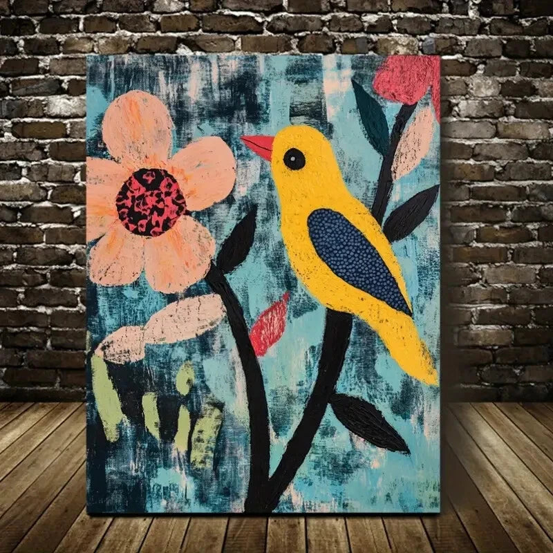 Beautiful Yellow Bird and Floral Design Painting 40x60cm Metal Print Ready to Hang