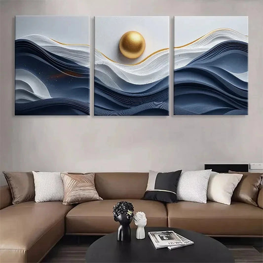 3pcs Blue and Golden Tones Waves Metal Print Ready to Hang Art