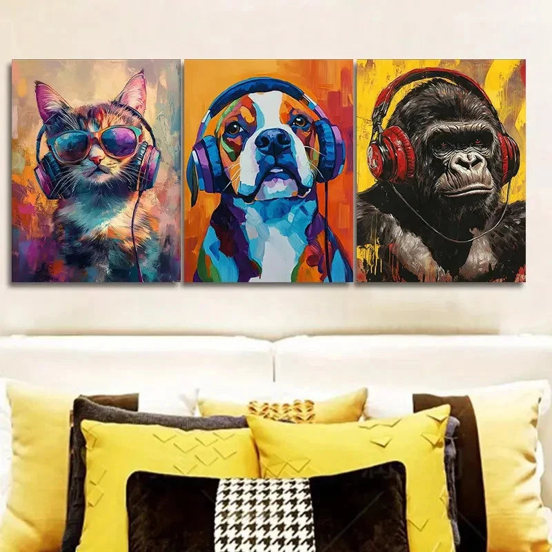 3pcs The Animals Are Listening To The Music Wall Art Set Canvas Framed 60x90cm - High Quality Print 100% Australian Made Wall Canvas Ready to Hang