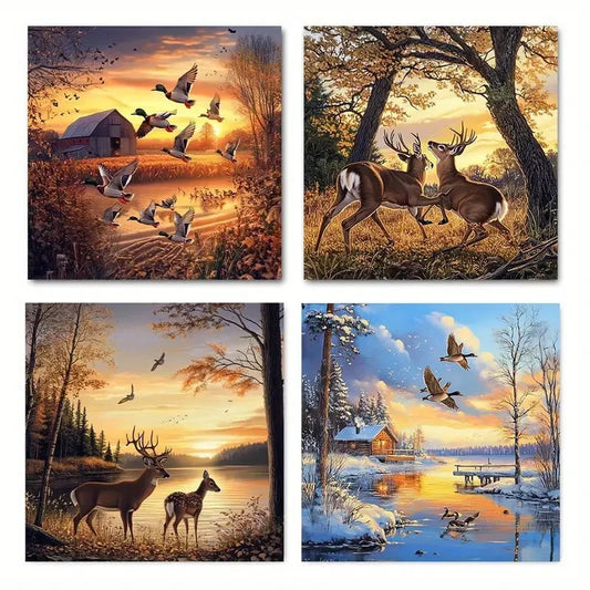 4pcs Deer, Wild Ducks, And Cabin Scene Wall Art Canvas Framed