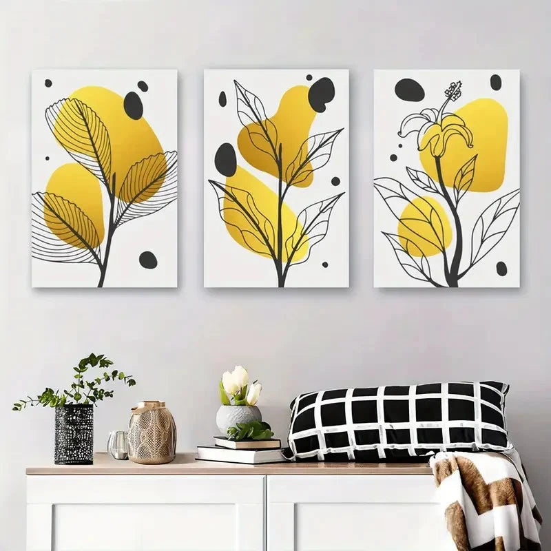 3pcs Plant Design with Yellow Shapes and Leaves Metal Print Ready to Hang Art