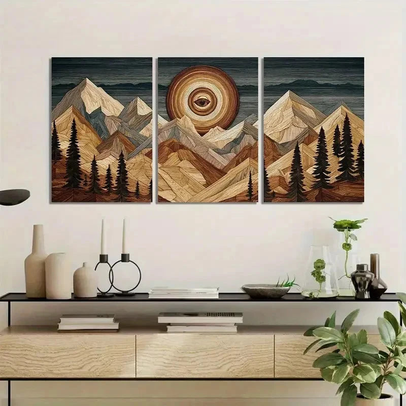 3pcs Abstract Mountain and Sunset Landscape Metal Print Ready to Hang Art