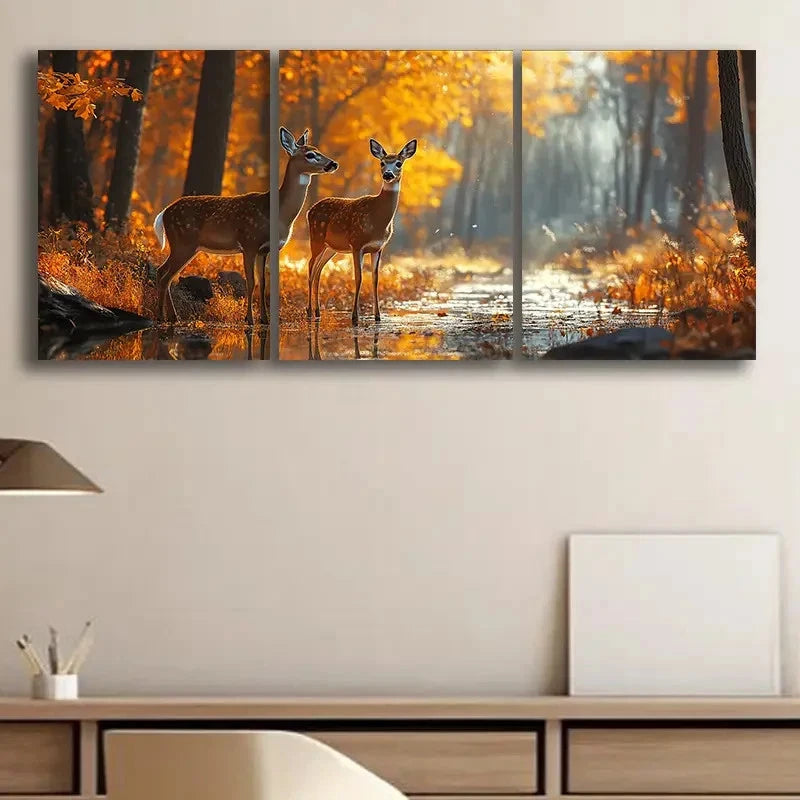 3pcs White Tailed Deer Forest Themed Metal Print Ready to Hang Art