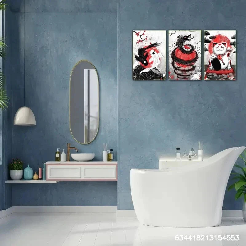 3pcs Fish Animals Dragon Cat Japanese Poster Metal Print Ready to Hang Art