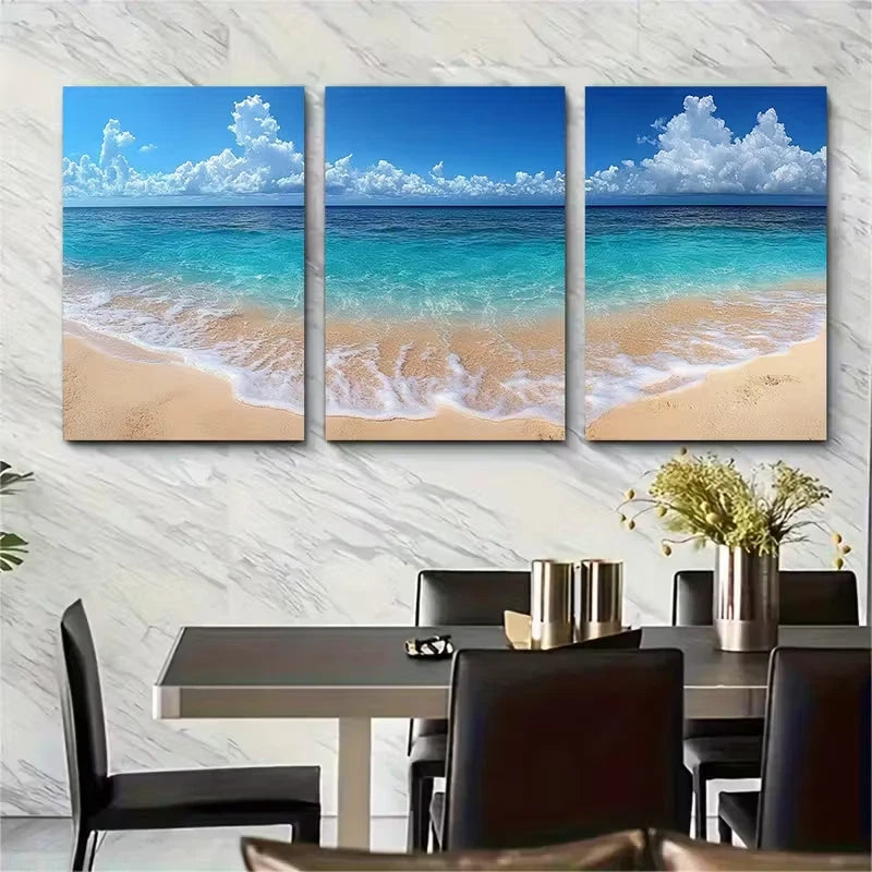 3pcs White Sand Blue Ocean Metal Print Ready to Hang Art