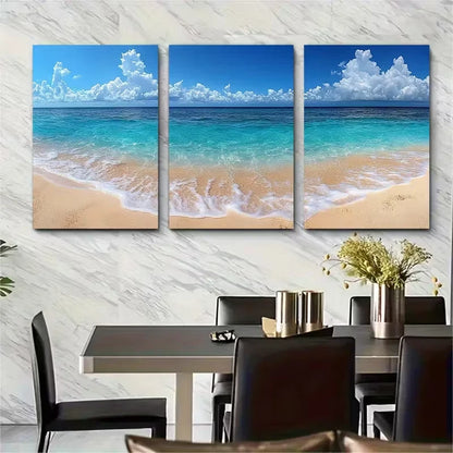 3pcs White Sand Blue Ocean Metal Print Ready to Hang Art