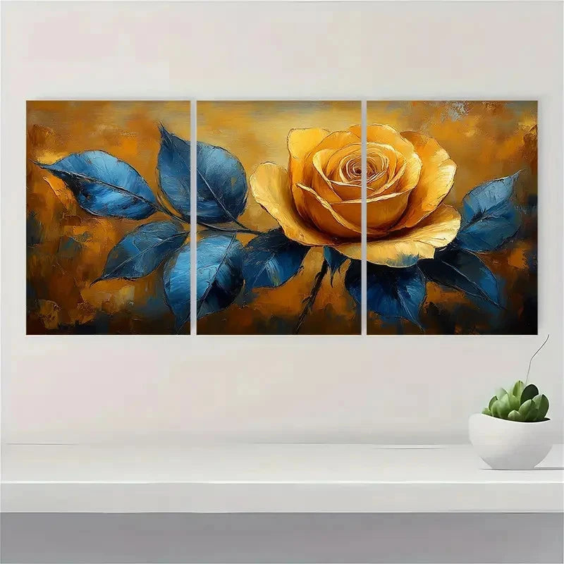 3pcs Yellow And Blue Art Rose Perfect Wall Art Set Canvas Framed 40x60cm - High Quality Print 100% Australian Made Wall Canvas Ready to Hang