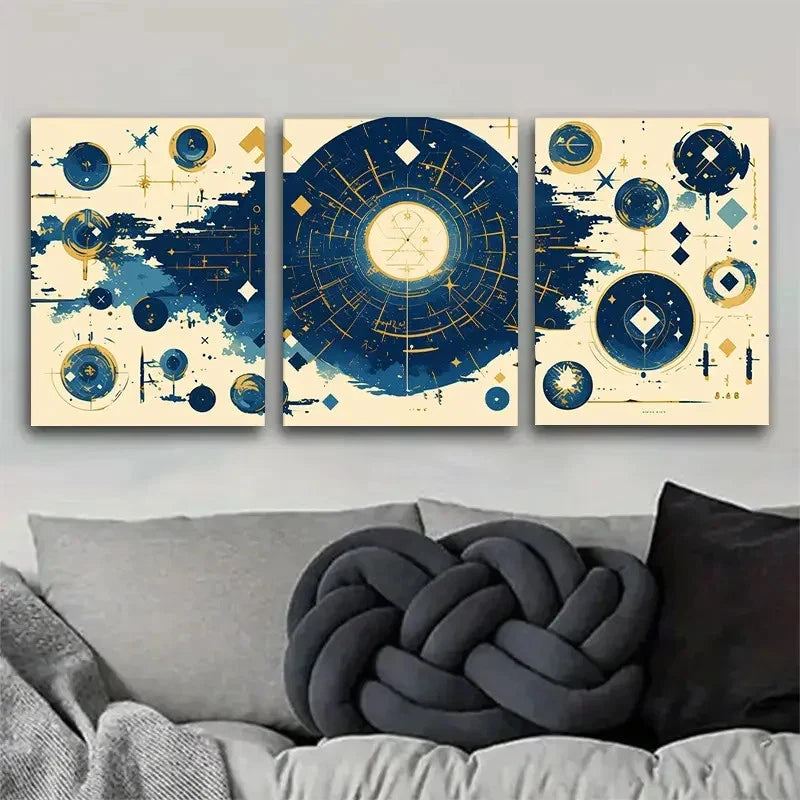 3pcs Blue and Yellow Celestial Design Metal Print Ready to Hang Art