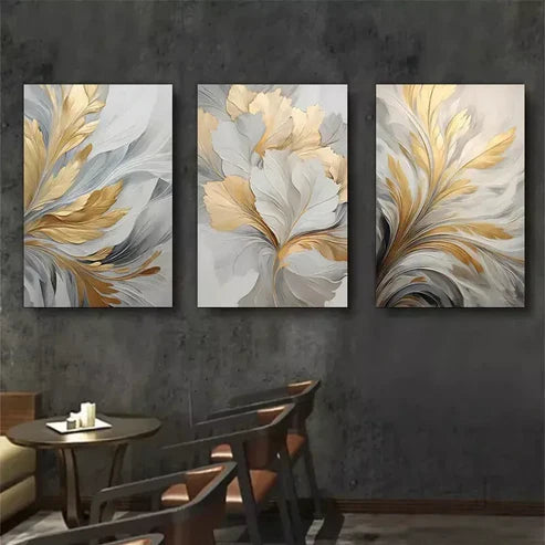 3pcs Golden and White leaf Abstract Wall Art Set Canvas Unframed - High Quality Print 100% Australian Made Wall Canvas