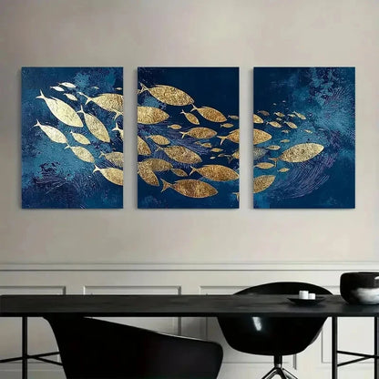 3pcs School of Fish in Navy Blue with Golden Foil Metal Print Ready to Hang Art