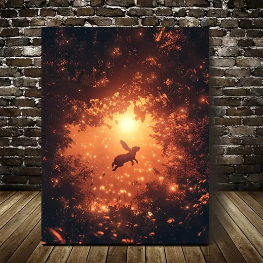 Rabbit Jumping Joyfully Under Glowing Painting 40x60cm Metal Print Ready to Hang