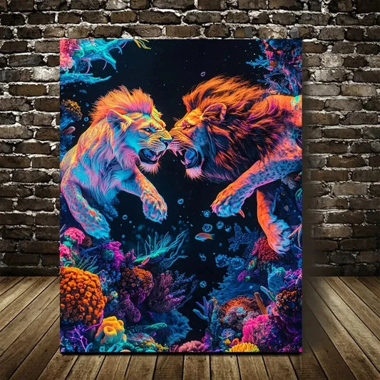 Neon Glow Lion Chasing Underwater Scene Painting 40x60cm Metal Print Ready to Hang
