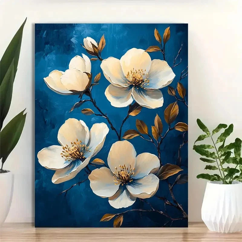 Beautiful Blue Floral Tapestry With White Flowers 40x60cm Metal Print Ready to Hang