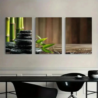 3pcs Black Zen Stones with Bamboo Painting Metal Print Ready to Hang Art
