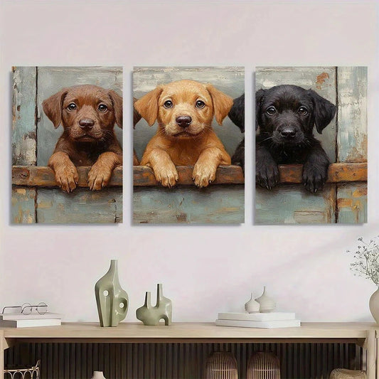 3pcs Vintage Farmhouse Puppies Peeking Over Fence Metal Print Ready to Hang Art