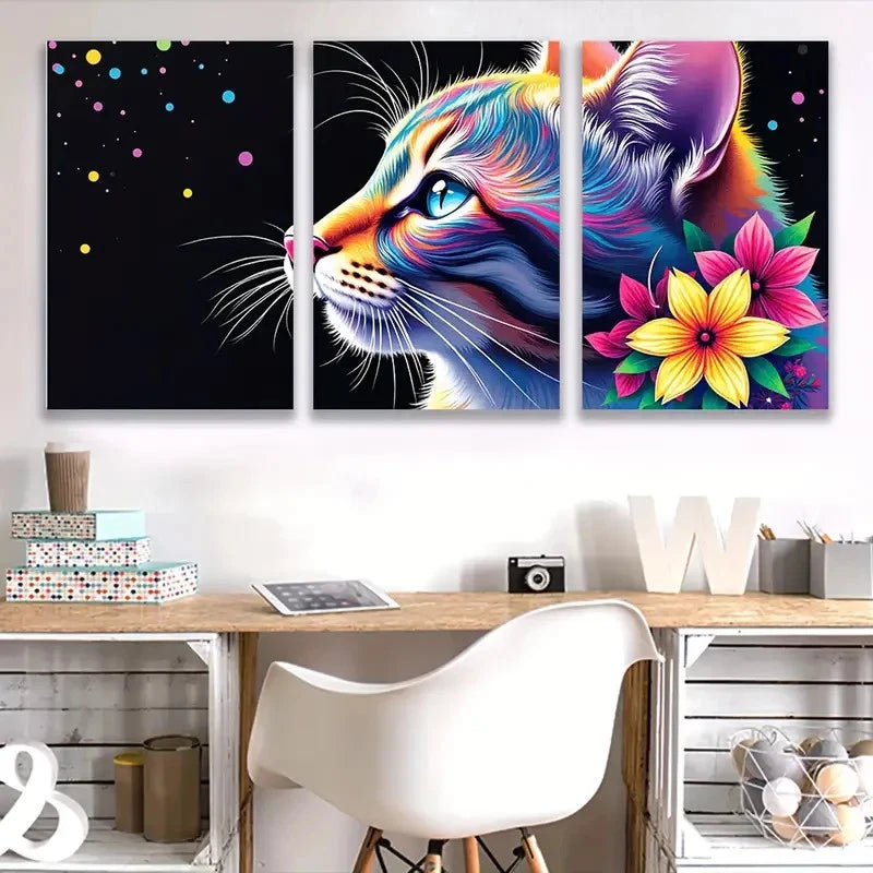 3pcs Colorful Cats I and Flowers Wall Art Set Canvas Framed 60x90cm - High Quality Print 100% Australian Made Wall Canvas Ready to Hang