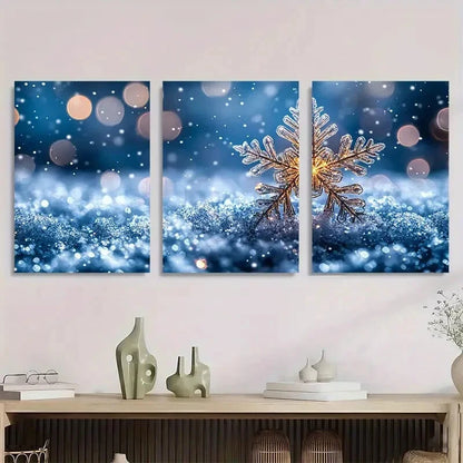 3pcs Shiny Silvery Snowflake Elegant Winter Metal Print Ready to Hang Art