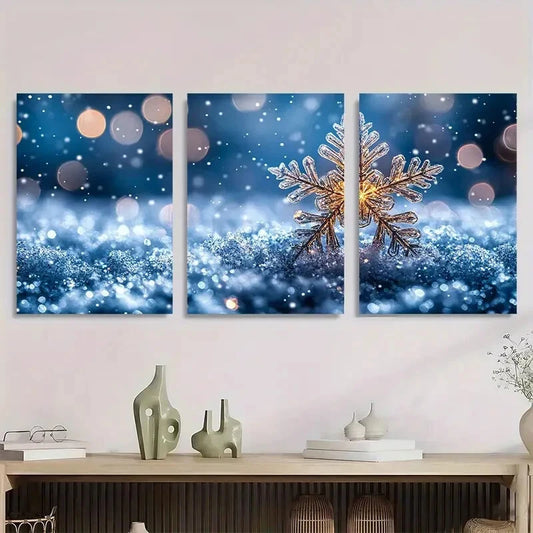3pcs Shiny Silvery Snowflake Elegant Winter Metal Print Ready to Hang Art
