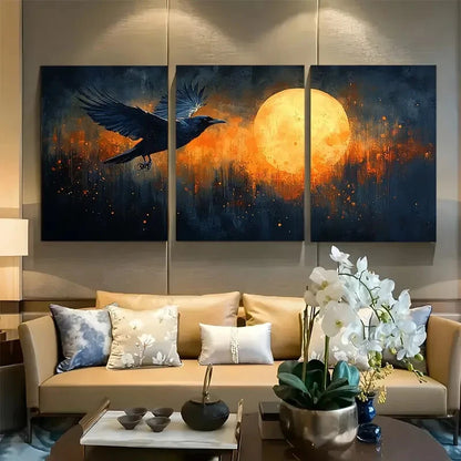 3pcs Flying Crow Moonlight Metal Print Ready to Hang Art