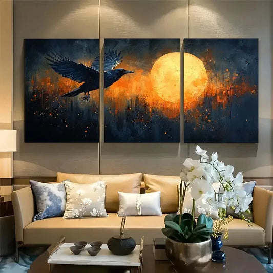 3pcs Flying Crow Moonlight Metal Print Ready to Hang Art