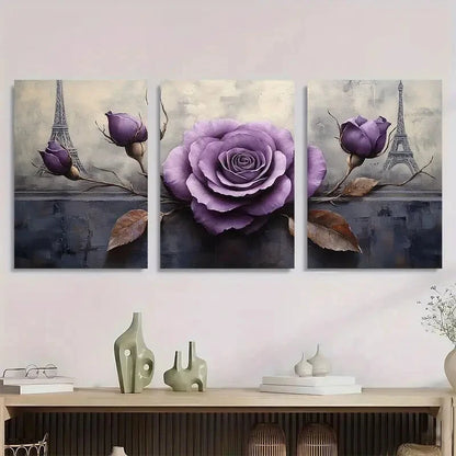 3pcs Eiffel Tower & Wine Roses Purple Roses Metal Print Ready to Hang Art