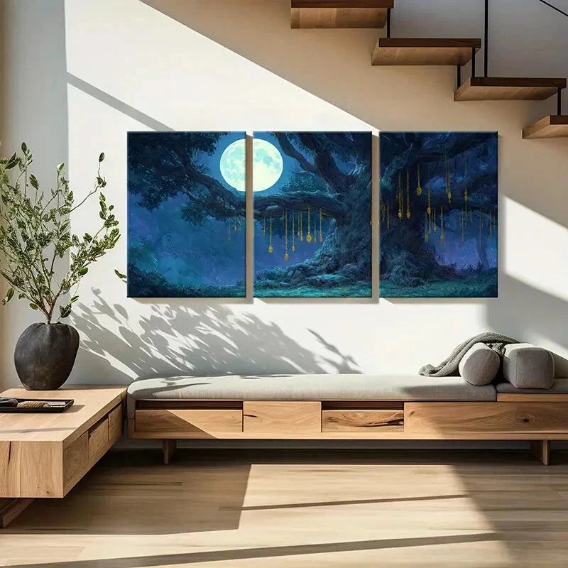 3pcs Enchanting Night Scene with Ancient Tree Metal Print Ready to Hang Art