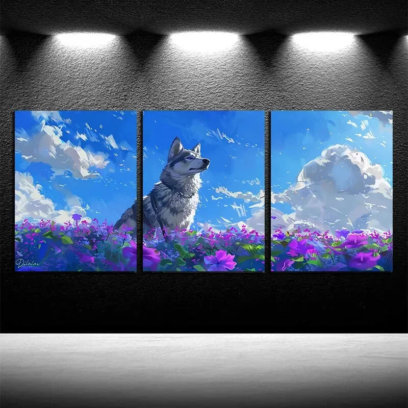 3pcs Vibrant Husky in The Flower Field with Sky Metal Print Ready to Hang Art
